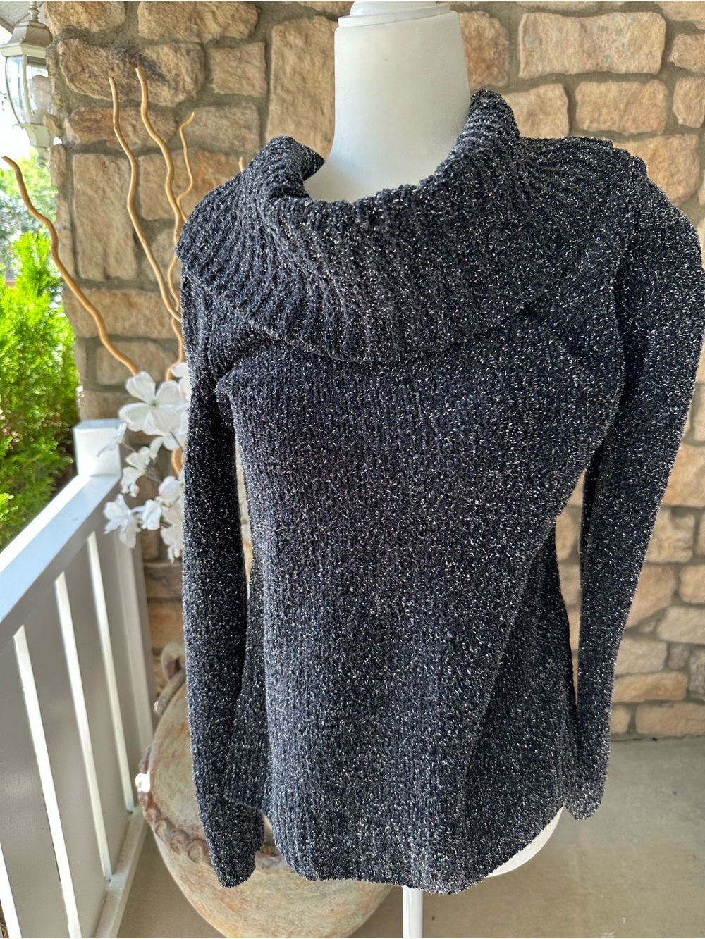 Cozy Black Sparkle Cowl Neck Sweater WHBM tags missing S